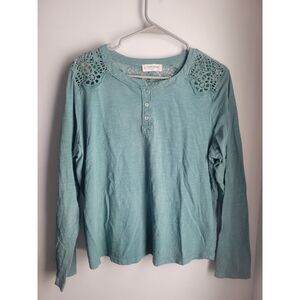 Lucky Brand Sage Green Cotton Lace Crochet Long Sleeve Henley Top Large L